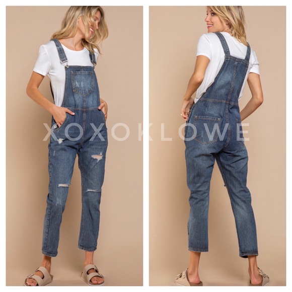 POL Retro 90’s Denim Overalls Grunge Distressed Dark Wash - Picture 2 of 12